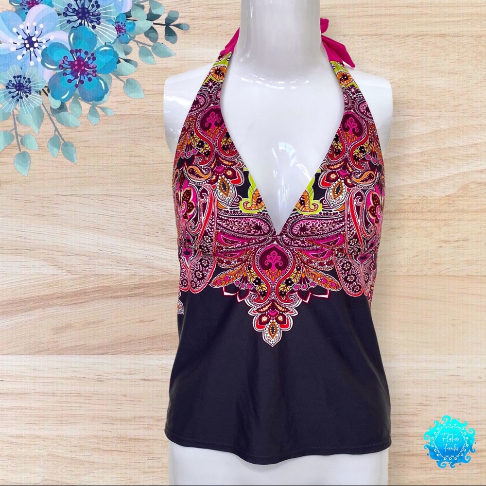 Athleta Pink and Gray Multicolor Paisley Halter Tankini Swimsuit Top; S